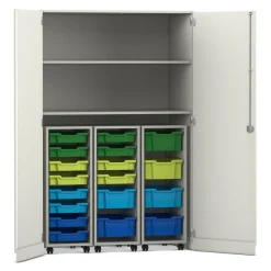 Flexeo Garagenschrank, Dekor weiß, HxBxT: 190x126,4x60 cm, 3 Rollcontainer mit Boxen bunt B, Dreholive