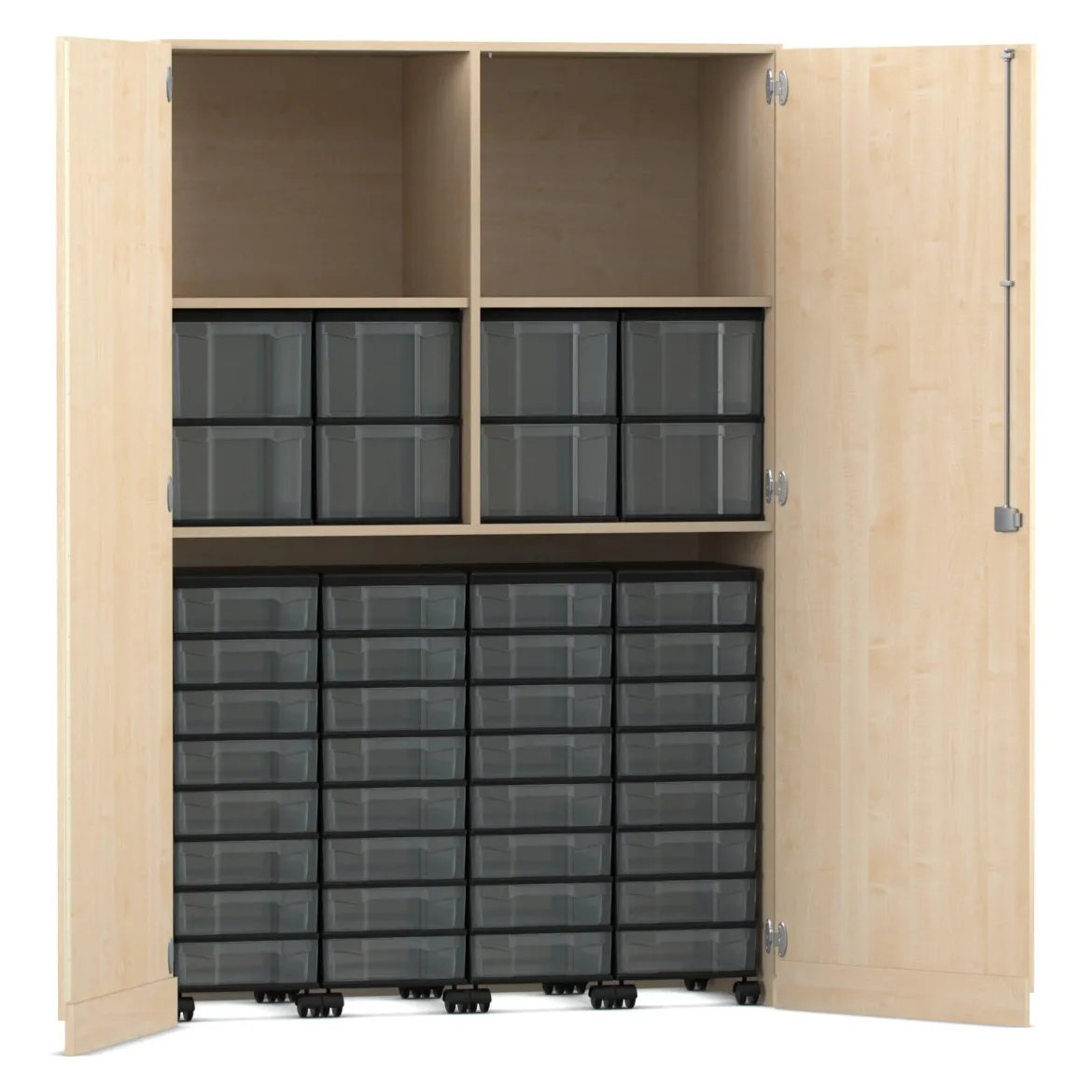Flexeo® Garagenschrank mit 2 Fächern, 4 Rollcontainern und 40 Boxen, Ahorn honig, Schloss, HxBxT: 190 x 126,4 x 50 cm