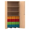 Flexeo Garagenschrank mit 3 Rollcontainer, Buche hell, HxBxT: 190 x 94,4 x 60 cm, 24 kleine Boxen bunt, Schloss