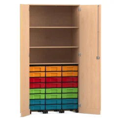 Flexeo Garagenschrank mit 3 Rollcontainer, Buche hell, HxBxT: 190 x 94,4 x 60 cm, 24 kleine Boxen bunt, Schloss
