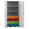 Flexeo Garagenschrank mit 3 Rollcontainer, Dekor grau, HxBxT: 190 x 94,4 x 60 cm, 24 kleine Boxen bunt, Schloss