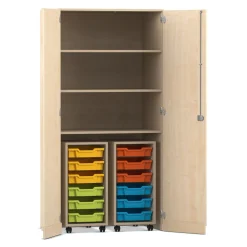 Flexeo® Garagenschrank PRO, Ahorn, 2 Rollcontainer, 12 kleine Boxen bunt, 3 Fächer, HxBxT: 190 x 94,4 x 60 cm, Schloss