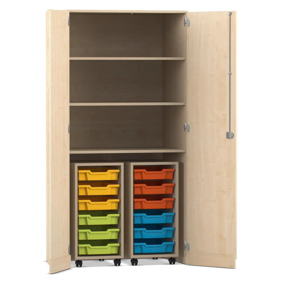 Flexeo® Garagenschrank PRO, Ahorn, 2 Rollcontainer, 12 kleine Boxen bunt, 3 Fächer, HxBxT: 190 x 94,4 x 60 cm, Schloss