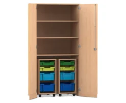 Flexeo® Garagenschrank PRO, Buche hell, HxBxT: 190 x 94,4 x 60 cm, 2 Rollcontainer, 8 Boxen Gr. S und M, bunt B, Dreholive Schloss