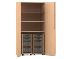 Flexeo® Garagenschrank PRO, Buche hell, HxBxT: 190 x 94,4 x 60 cm, 2 Rollcontainer, 8 Boxen Gr. S und M transparent, Bogengriff mit Schloss