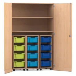Flexeo® Garagenschrank PRO, Buche hell, HxBxT: 190 x 126,4 x 60 cm, 3 Rollcontainer, 12 Boxen bunt B, Dreholive