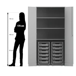 Flexeo® Garagenschrank PRO, Buche hell, 2 Rollcontainer, 12 kleine Boxen bunt, 3 Fächer, HxBxT: 190 x 94,4 x 60 cm