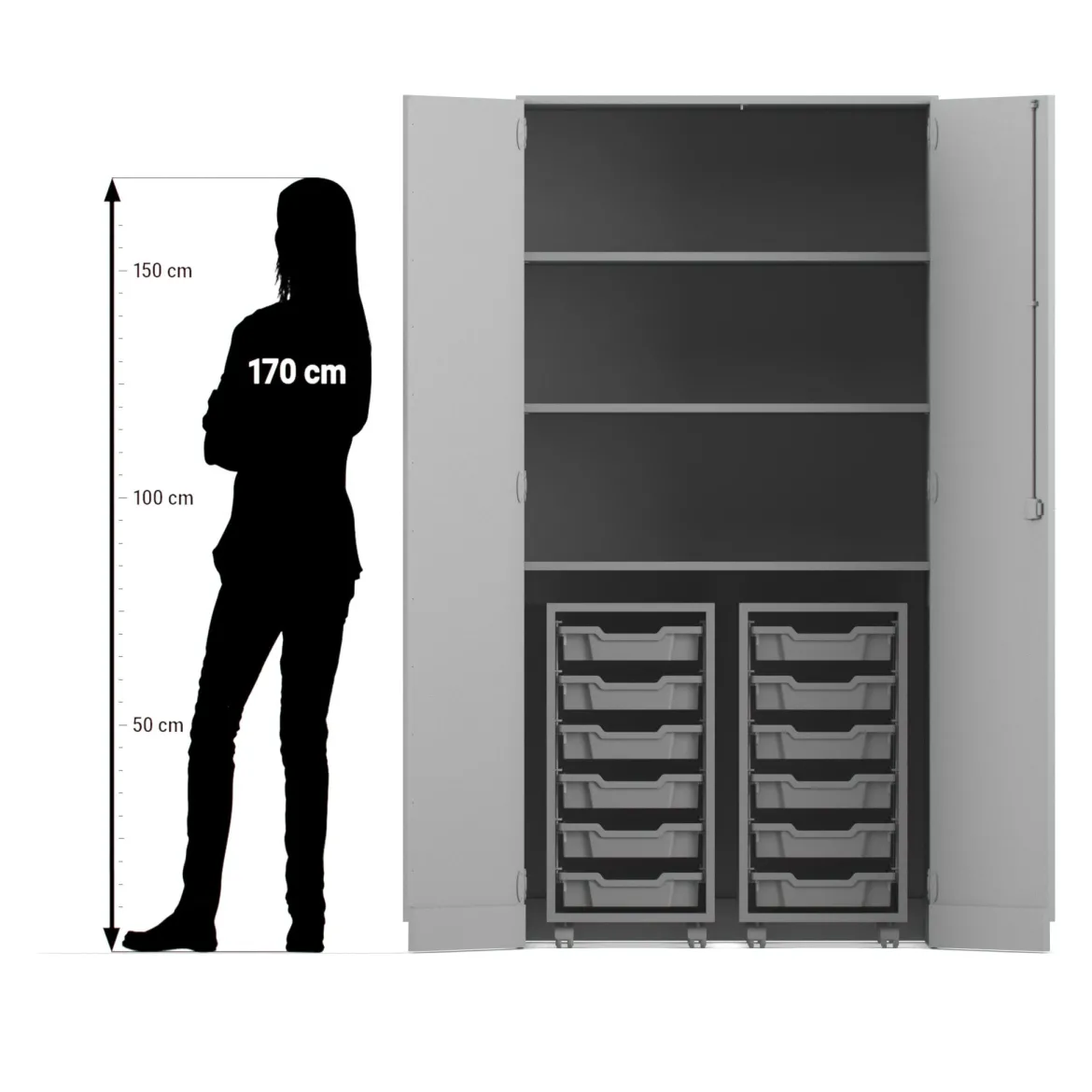 Flexeo® Garagenschrank PRO, Buche hell, 2 Rollcontainer, 12 kleine Boxen bunt, 3 Fächer, HxBxT: 190 x 94,4 x 60 cm