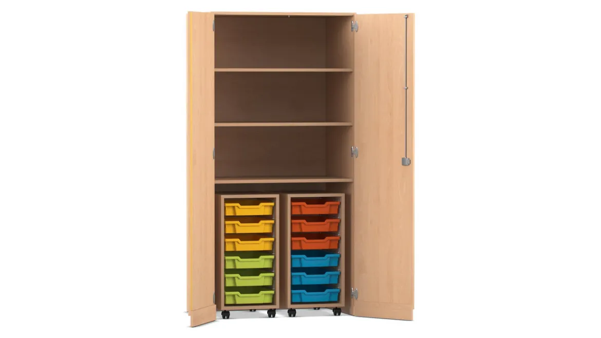 Flexeo® Garagenschrank PRO, Buche hell, 2 Rollcontainer, 12 kleine Boxen bunt, 3 Fächer, HxBxT: 190 x 94,4 x 60 cm