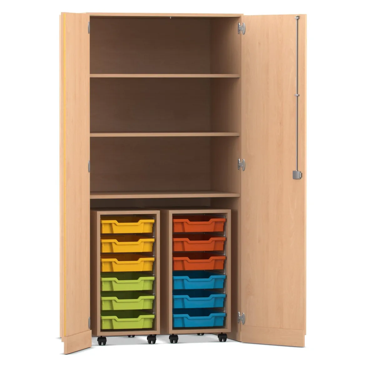 Flexeo® Garagenschrank PRO, Buche hell, 2 Rollcontainer, 12 kleine Boxen bunt, 3 Fächer, HxBxT: 190 x 94,4 x 60 cm