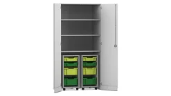 Flexeo® Garagenschrank PRO, Dekor grau, HxBxT: 190 x 94,4 x 60 cm, 2 Rollcontainer, 8 Boxen Gr. S und M, dunkelgrün/hellgrün, Bogengriff mit Schloss