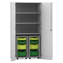 Flexeo® Garagenschrank PRO, Dekor grau, HxBxT: 190 x 94,4 x 60 cm, 2 Rollcontainer, 8 Boxen Gr. S und M, dunkelgrün/hellgrün, Bogengriff mit Schloss