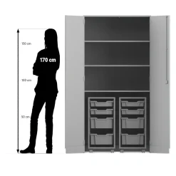 Flexeo® Garagenschrank PRO, Dekor grau, HxBxT: 190 x 94,4 x 60 cm, 2 Rollcontainer, 8 Boxen Gr. S und M, dunkelgrün/hellgrün, Bogengriff mit Schloss