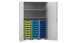 Flexeo® Garagenschrank PRO, Dekor grau, 3 Rollcontainer, HxBxT: 190 x 126,4 x 60 cm, 24 Boxen Gr. S bunt B, Bogengriff mit Schloss