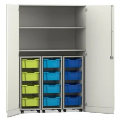 Flexeo® Garagenschrank PRO, Dekor weiß, HxBxT: 190 x 126,4 x 60 cm, 3 Rollcontainer, 12 Boxen bunt B, Dreholive