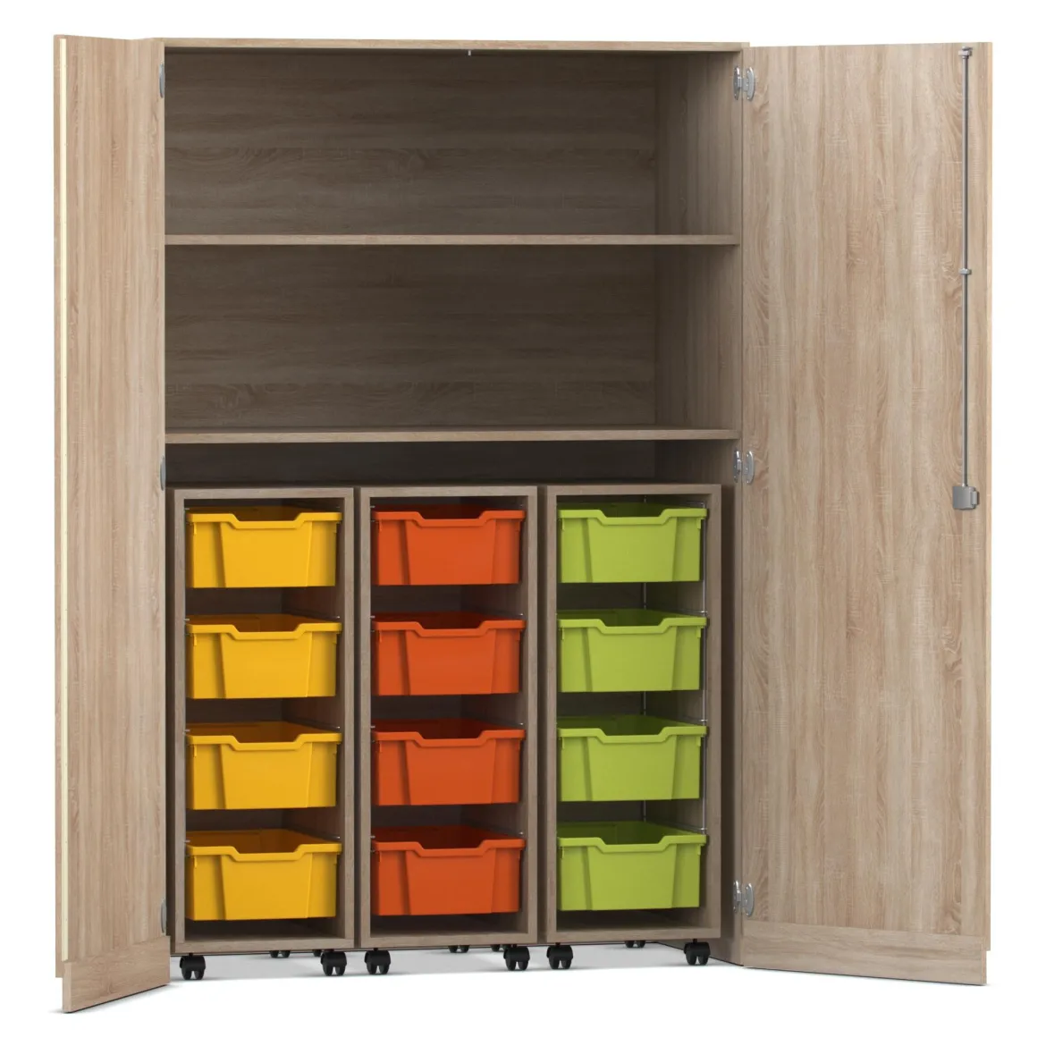 Flexeo® Garagenschrank PRO, Eiche natur, HxBxT: 190 x 126,4 x 60 cm, 3 Rollcontainer, 12 Boxen bunt A, Dreholive