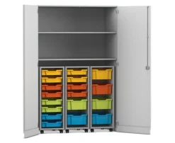 Flexeo® Garagenschrank PRO, grau, 3 Rollcontainer, 18 Boxen bunt B, Schloss