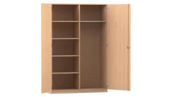 Flexeo Garderobenschrank mit einer Garderobe und 6 Fächern, Buche hell, HxBxT: 190 x 126,4 x 60 cm, Bogengriff mit Schloss