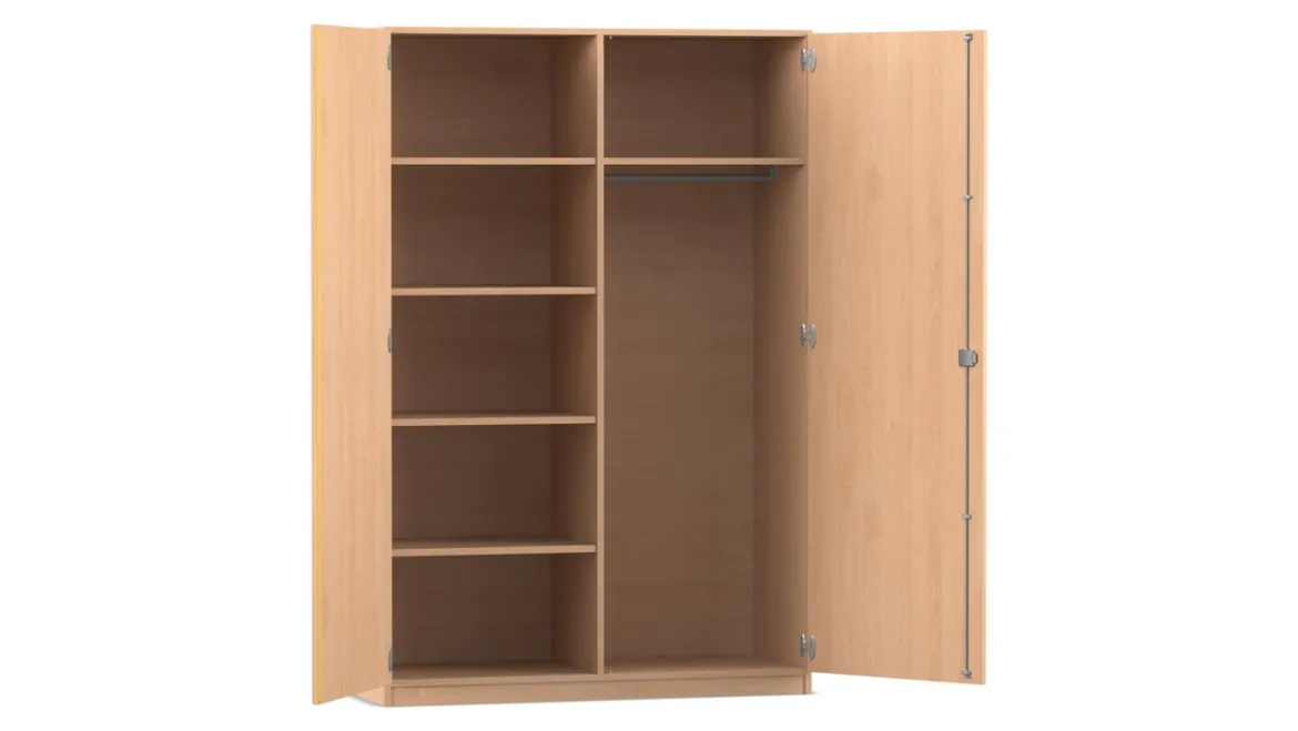 Flexeo Garderobenschrank mit einer Garderobe und 6 Fächern, Buche hell, HxBxT: 190 x 126,4 x 60 cm, Bogengriff mit Schloss