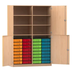 Flexeo® Halbtürenschrank, Buche hell, Bogengriff mit Schloss, 32 kleinen Boxen bunt, Tiefe 50 cm