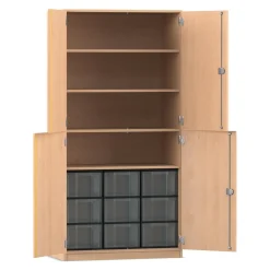 Flexeo Halbtürenschrank Buche Hell, 4 Halbtüren, 4 Fachböden, Tiefe 50 cm, 9 große Boxen transparent, Dreholive