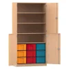 Flexeo Halbtürenschrank Buche Hell, 4 Halbtüren, 4 Fachböden, Tiefe 60 cm, 9 große Boxen transparent