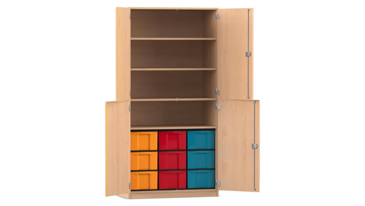 Flexeo Halbtürenschrank Buche Hell, 4 Halbtüren, 4 Fachböden, Tiefe 60 cm, 9 große Boxen transparent