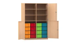 Flexeo Halbtürenschrank Buche hell, HxBxT: 190 x 126,4 x 50 cm, 16 Boxen transparent, Dreholive
