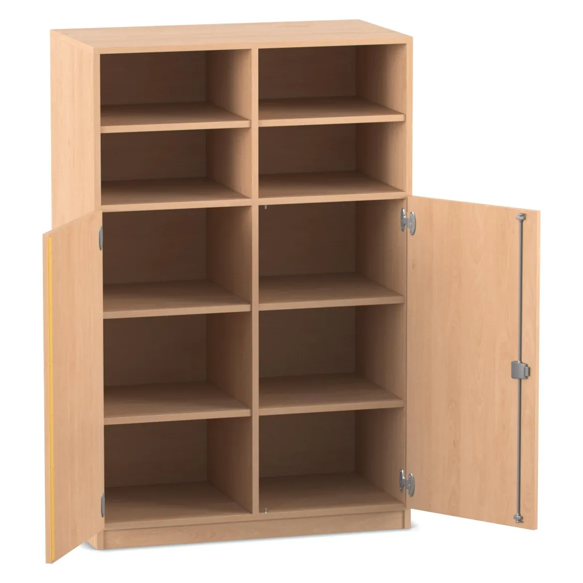 Flexeo® Halbtürenschrank, Buche hell mit 10 Fächern und 2 Halbtüren, HxBxT: 143,9x94,4x40 cm, Bogengriff mit Schloss