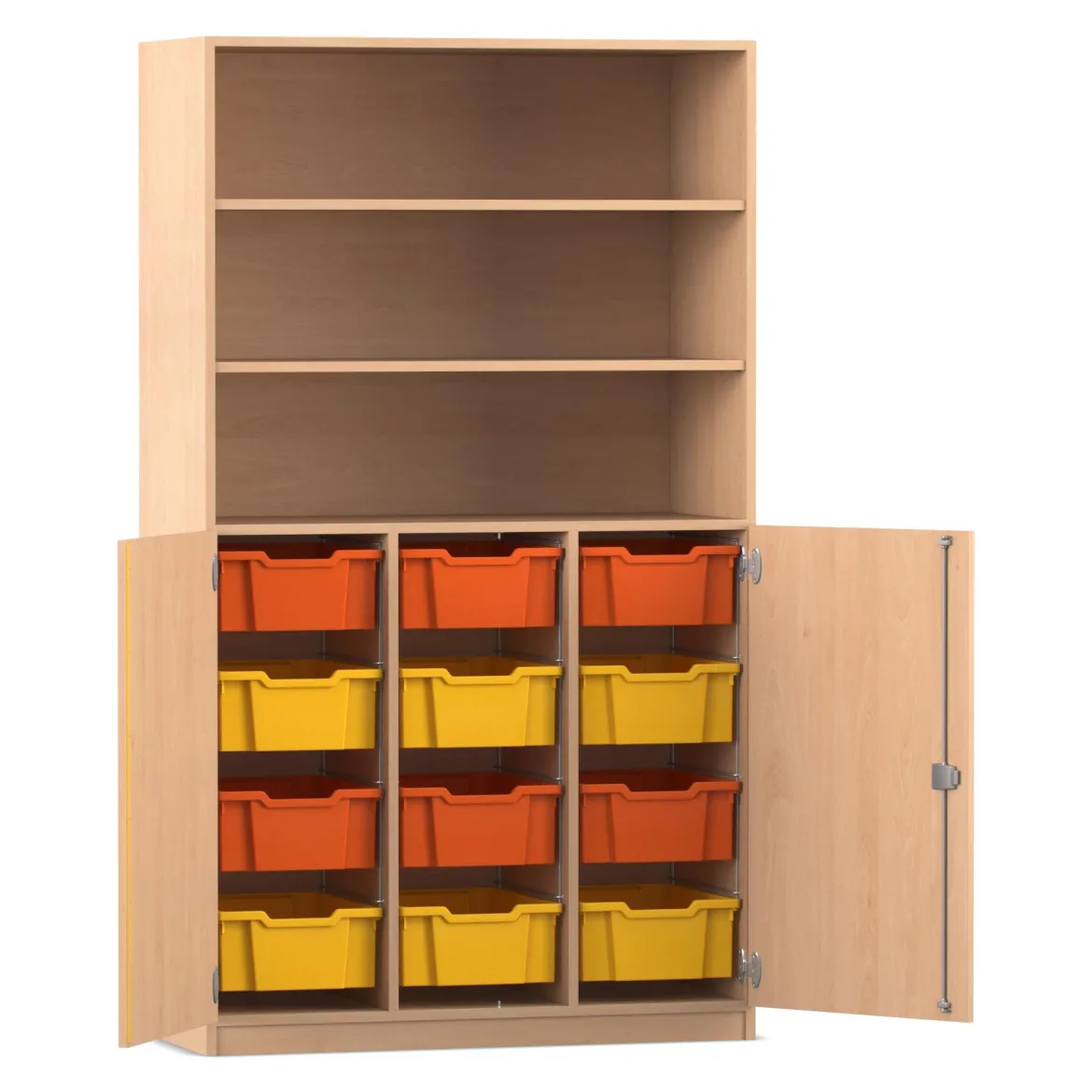 Flexeo Halbtürenschrank Buche hell 190 x 108,1 x 50 cm, 12 großen Boxen orange-gelb