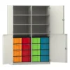 Flexeo Halbtürenschrank, Dekor weiß, 16 Boxen bunt, HxBxT: 190 x 126,4 x 60 cm, Schloss