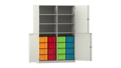 Flexeo Halbtürenschrank, Dekor weiß, 16 Boxen bunt, HxBxT: 190 x 126,4 x 60 cm, Schloss