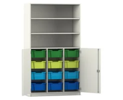 Flexeo Halbtürenschrank weiß 190 x 108,1 x 50 cm, 12 großen Boxen, bunt B, Bogengriff mit Schloss