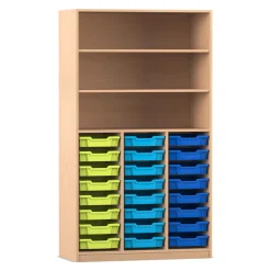 Flexeo® Hochregal PRO Buche hell, 3 Fächer, 24 kleine Boxen bunt B, Tiefe 48 cm