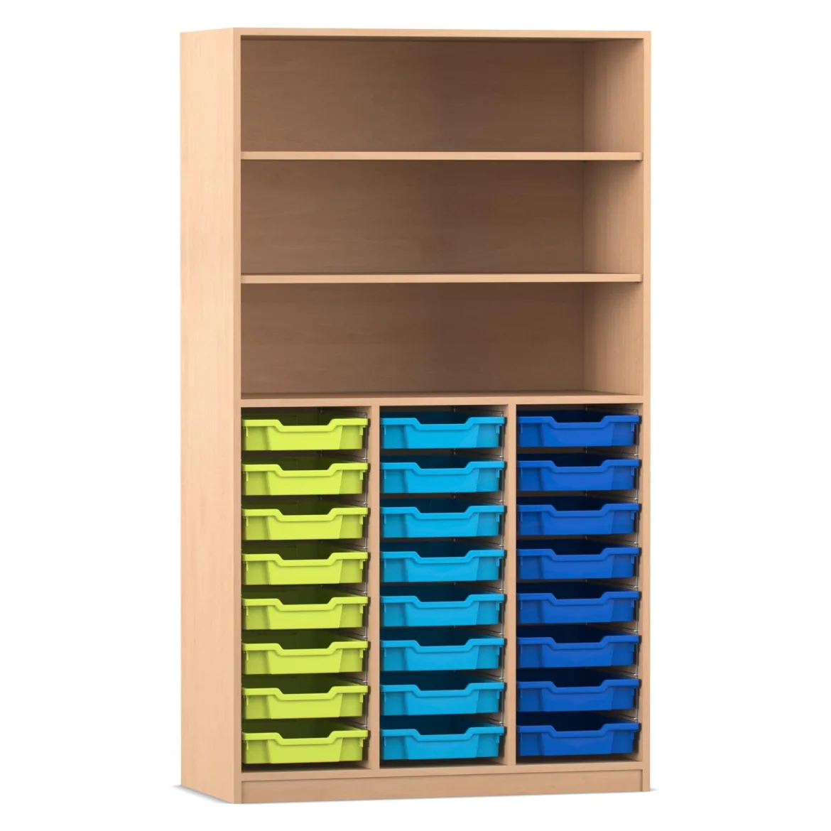 Flexeo® Hochregal PRO Buche hell, 3 Fächer, 24 kleine Boxen bunt B, Tiefe 48 cm