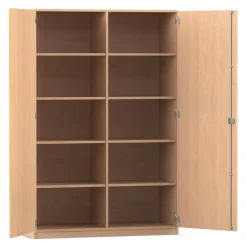 Flexeo® Hochschrank Buche hell, 10 Fächer, 2 Türen, HxBxT: 190x126,4x50 cm, Bogengriff mit Schloss
