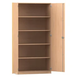 Flexeo® Hochschrank, Buche hell, 5 Fächer, 2 Türen, Tiefe 40 cm, Bogengriff mit Schloss