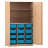 Flexeo Hochschrank, Buche hell, große Boxen hellblau, Bogengriff mit Schloss, HxBxT: 190 x 108,1 x 60 cm