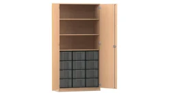 Flexeo Hochschrank Buche hell, HxBxT: 190x94,4x50 cm, 3 große Fächer, 12 großen Boxen transparent, Dreholive
