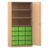 Flexeo Hochschrank Buche hell mit 3 großen Fächern, 12 großen Boxen grün, Tiefe: 60 cm, mit Schloss