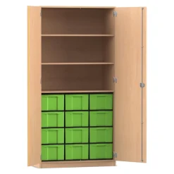 Flexeo Hochschrank Buche hell mit 3 großen Fächern, 12 großen Boxen grün, Tiefe: 60 cm, mit Schloss