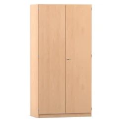 Flexeo Hochschrank Buche hell mit 3 großen Fächern, 12 großen Boxen grün, Bogengriff mit Schloss, Tiefe: 50 cm