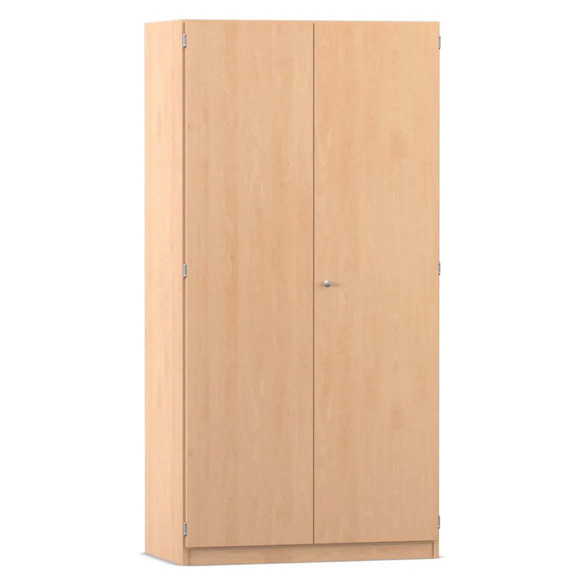 Flexeo Hochschrank Buche hell mit 3 großen Fächern, 12 großen Boxen grün, Bogengriff mit Schloss, Tiefe: 50 cm