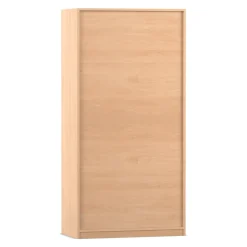 Flexeo Hochschrank Buche hell mit 3 großen Fächern, 12 großen Boxen grün, Bogengriff mit Schloss, Tiefe: 50 cm