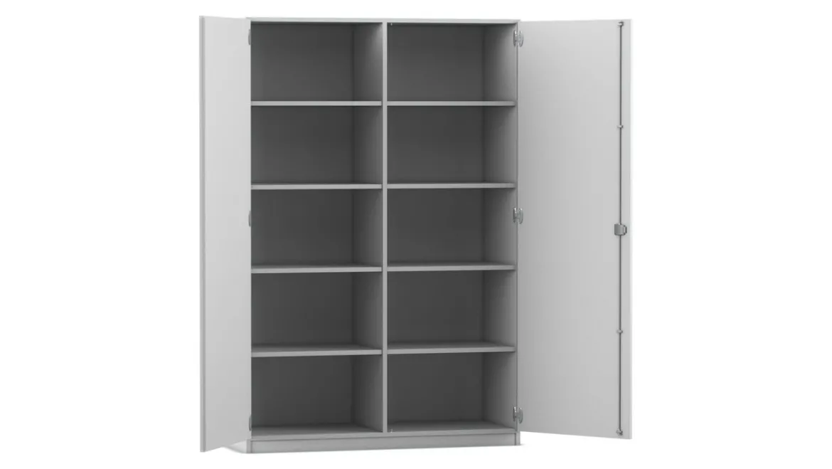Flexeo Hochschrank grau 10 Fächer, 2 Türen, HxBxT: 190x126,4x50 cm, Bogengriff mit Schloss