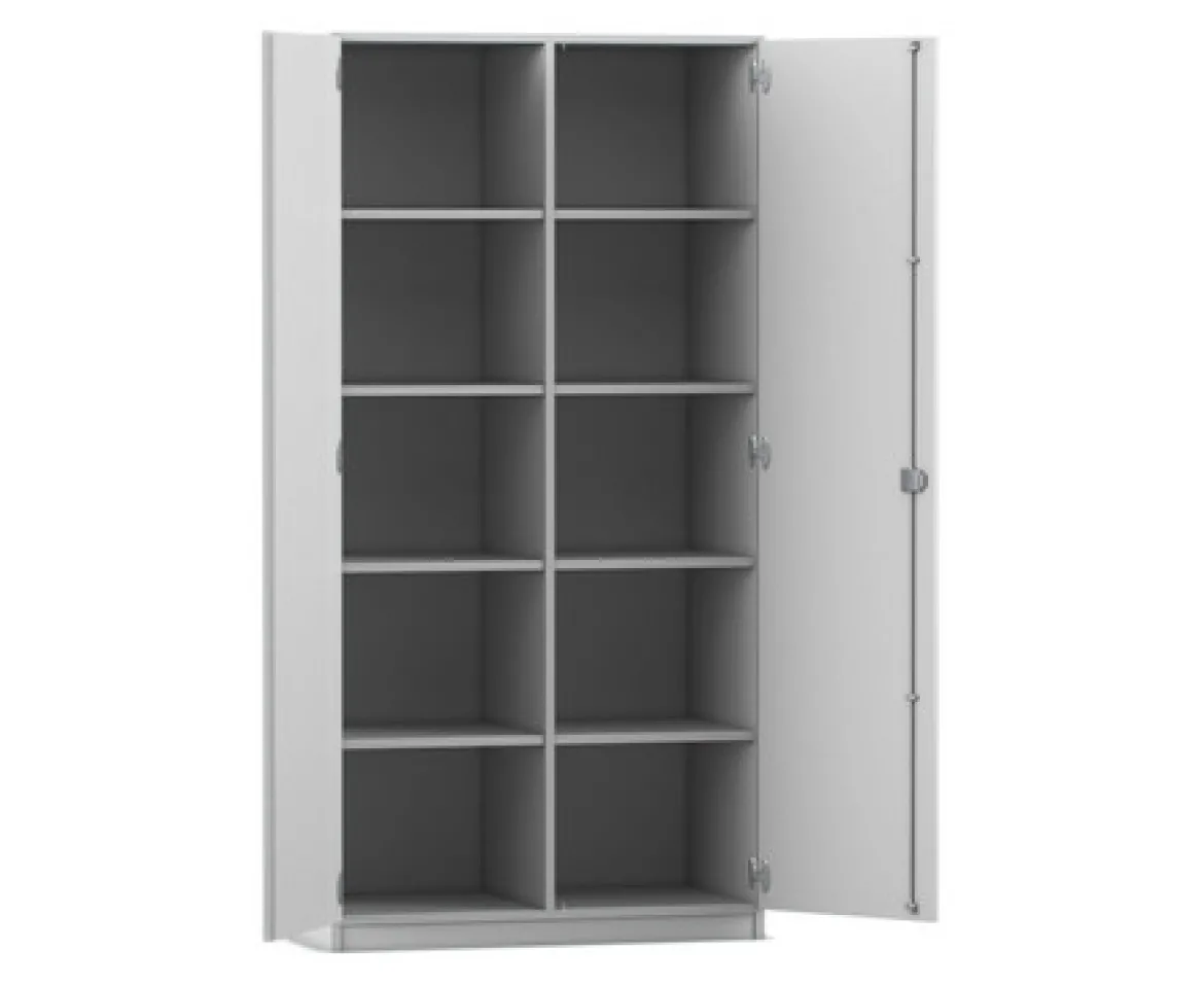 Flexeo Hochschrank grau, Mittelwand, 2 Türen, HxBxT: 190 x 94,4 x 50 cm, Bogengriff mit Schloss