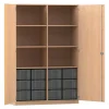 Flexeo Hochschrank mit Drehtüren, Buche Hell, HxBxT: 190x126,5x50 cm, 12 große Boxen transparent, Dreholive