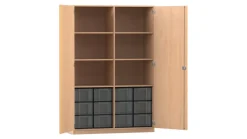 Flexeo Hochschrank mit Drehtüren, Buche Hell, HxBxT: 190x126,5x50 cm, 12 große Boxen transparent, Dreholive