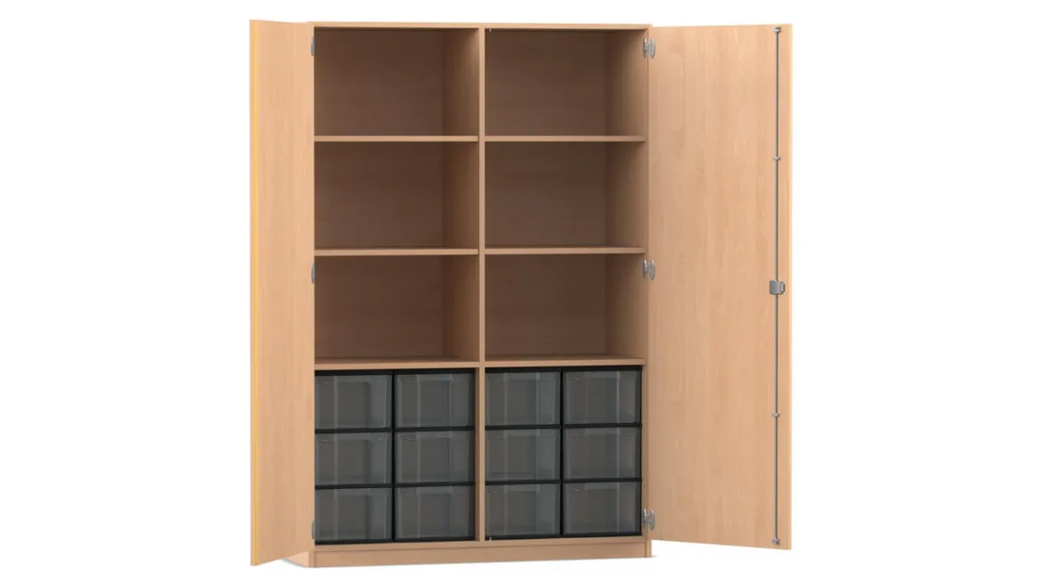 Flexeo Hochschrank mit Drehtüren, Buche Hell, HxBxT: 190x126,5x50 cm, 12 große Boxen transparent, Dreholive