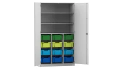 Flexeo Hochschrank mit Drehtüren, Dekor lichtgrau, HxBxT: 190x108,1x60 cm, 12 große Boxen bunt B
